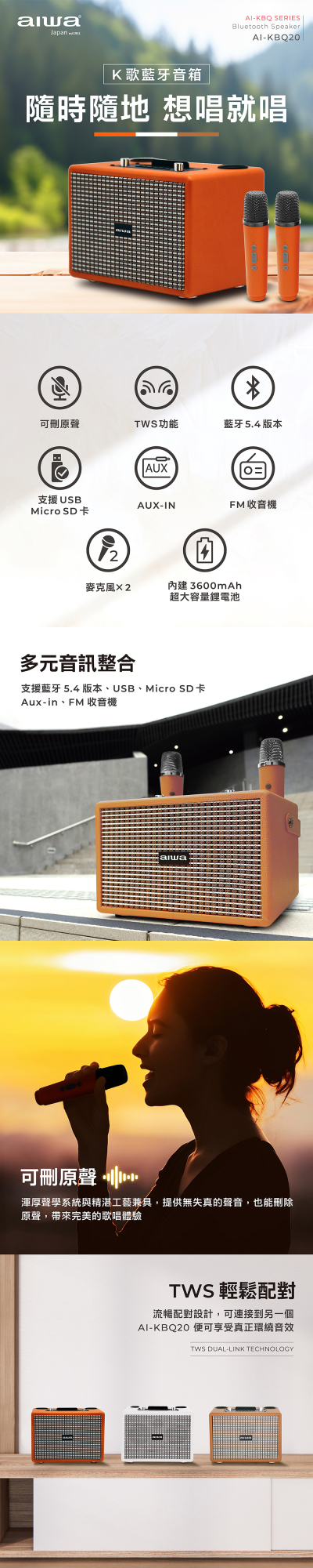 AIWA 愛華 K歌藍芽音箱 AI-KBQ20（雙麥克風）